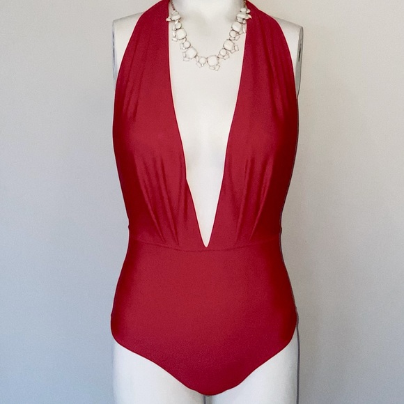 Plunging V Red Onepiece Swim Suit by Sea & Sun - Picture 1 of 3